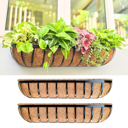 LaLaGreen Deck Railing Planter Box - 2 Pack, 36 Inch Large Wall Planters for Outdoor Plants, Window Flower Boxes Attach House with Coco Liners Metal Horse Troughs Fence Balcony Patio Porch Over Rail - size: 36" x 2
