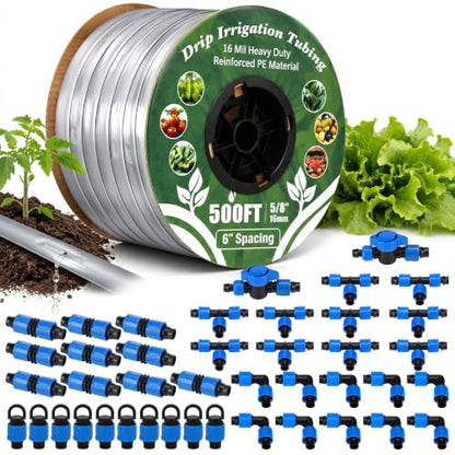 Tondiamo 500 ft 5/8" Drip Tape Irrigation Kit 16 Mil 6" Spacing, Blue - color: Blue