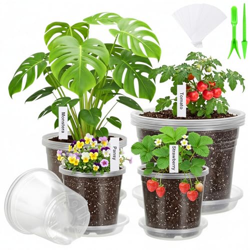 5/6/7/10 Inch Large Clear Nursery Pots with Drainage and Saucers - 16 Pack Plastic Plant Pots with Garden Tools & Labels, Seedling Pots for Transplanting Succulents Flowers Herb Vegetables