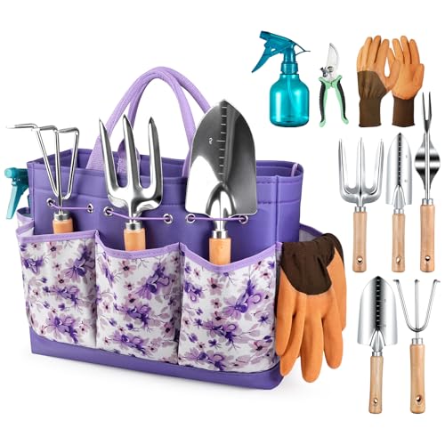 Grenebo 9-Piece Gardening Tools Set with Fashion Handbag, Purple - style: Purple