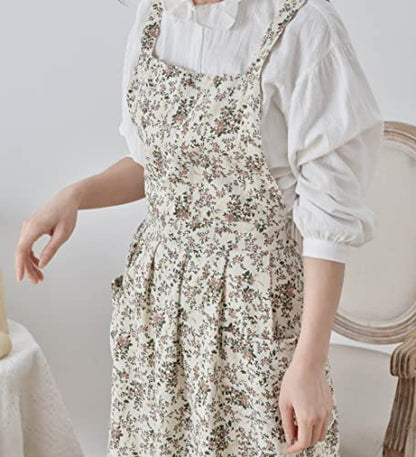Japanese Cotton Cross Back Pinafore Apron Dress for Women,Pinafore Apron - color: White