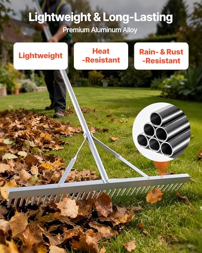 VEVOR Landscape Rake, 36 inch Wide Head 102 inch Handle, Large Heavy Duty Aluminum Landscaping Leaf Rake Tool, Asphalt Level for Loosening Soil, Garden & Yard, Pond Gravel & Beach Lawn Care, 52ft Rope - size: 102 inch