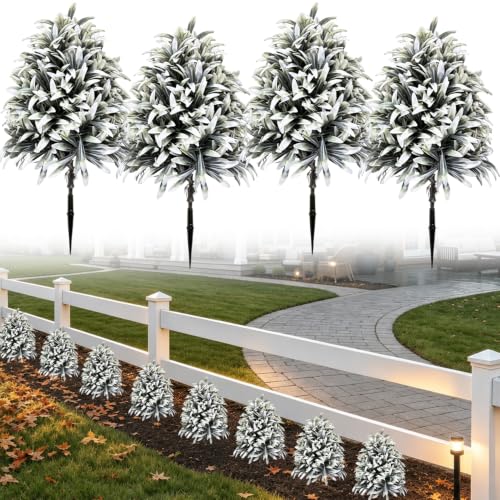 4 Pack Artificial Cedar Topiary Trees with Ground Stakes, UV Resistant Faux Evergreen Pine Shrubs, 16.5" Small Fake Plants Bushes for Outdoor Pathway, Front Porch & Garden Decor - color: White