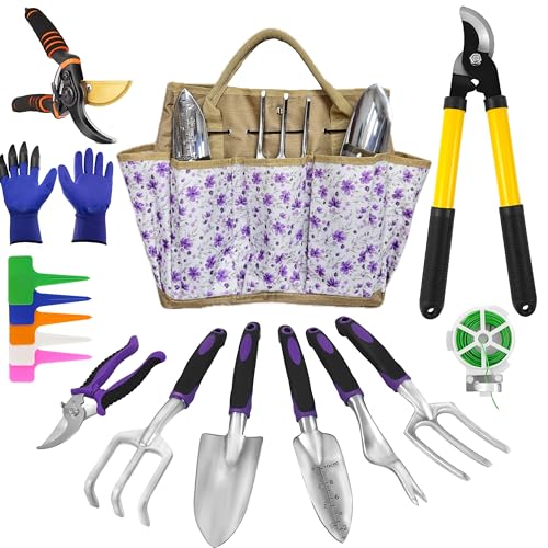 Gardening Tools – 42 Piece Premium Gardening Tool Set,Heavy Duty Hand Tools with Fashion Garden Tools Organizer Handbag,Rust-Proof Gardening Tool Kit, Ideal Gardening Gifts for Women((Purple Floral) - color: Purple Floral