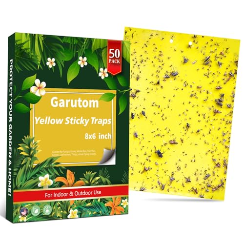 Garutom 50-Pack Dual-Sided Yellow Sticky Traps for Flying Plant Insect Such as Fungus Gnats, Whiteflies, Aphids, Leafminers, etc (6x8 Inches, Included 30pcs Twist Ties) - size: 50-Pack