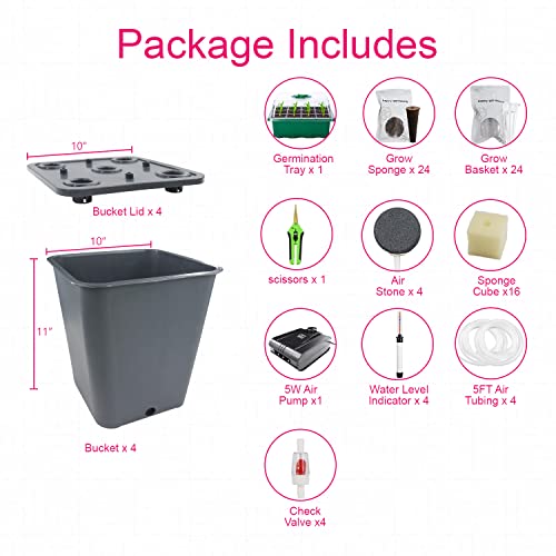 4 Hydroponic Buckets Kit for Plants, Hydroponics Growing System for Herbs/Tomato/Vegetables, DWC System with Air Pump & Germination Tray (Complete Indoor Hydroponic Gardening Supplies) - size: 4 Buckets Kit (Grey)