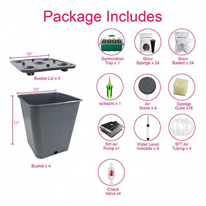 4 Hydroponic Buckets Kit for Plants, Hydroponics Growing System for Herbs/Tomato/Vegetables, DWC System with Air Pump & Germination Tray (Complete Indoor Hydroponic Gardening Supplies) - size: 4 Buckets Kit (Grey)