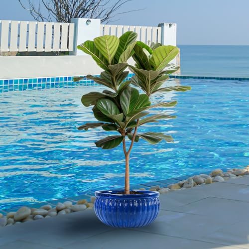 Sunnydaze 14.5" Round Ribbed Ceramic Planter Bowl, Imperial Blue