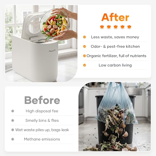 Smart 5L Electric Composter for Kitchen, Large Countertop Compost Bin with Carbon Filter & Auto-Cleaning,One-Touch Start, Smart Humidity-Sensing LED Display,Visible Window Odorless Low Noise