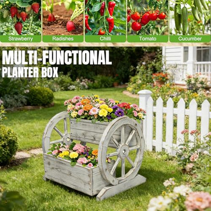 NestNature Wooden Wagon Planter Box|Raised Garden Bed W/Wheels for Plants - color: Antique White, size: Classic-2Tier