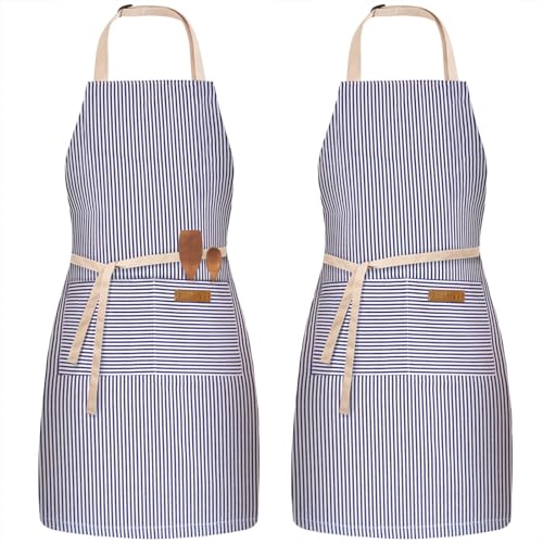 BeLuyi 2 Pack Adjustable Bib Apron with 2 Pockets Chef Cooking Kitchen Restaurant Aprons for Women Men - color: Blue Pinstripes