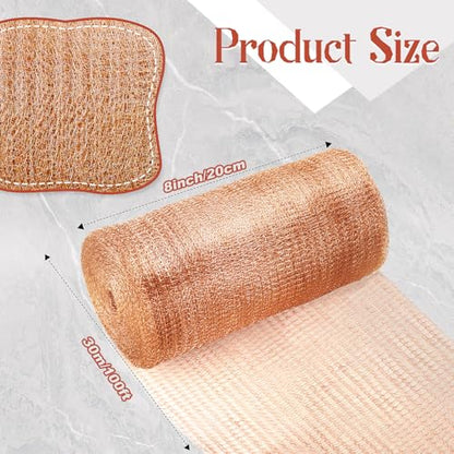 8" x 100 ft Copper Mesh for Rodent Control, Rustproof Copper Wool for Slugs, Bats, Snails, Birds, DIY Hole Filler, Gap Blocker for Gardening and Home Use