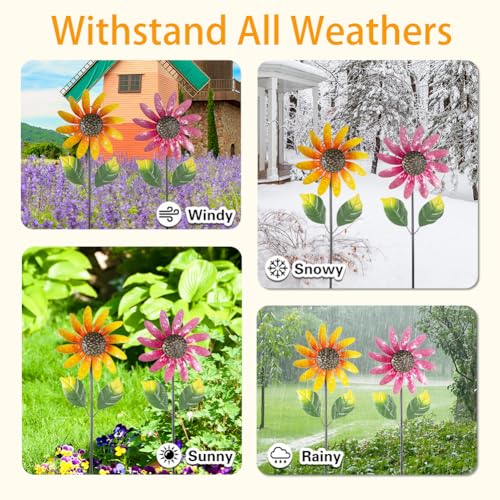 Viveta 2 Pack Sunflower Wind Spinners, Metal Wind Sculptures - color: Pink and Yellow