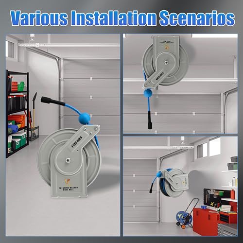 FIXFANS Pressure Washer Hose Reel with Hose, 1/4" × 60ft, Retractable - size: 60 FT