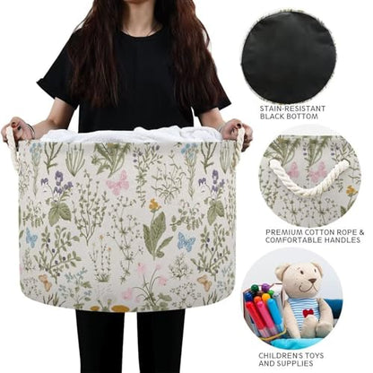 Floral Print Round Storage Basket Collapsible with Handle - color: White Green
