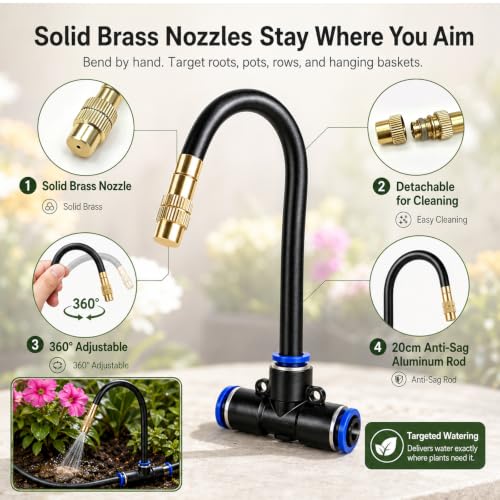 5/16" Drip Irrigation System 65 ft with 16-Pcs 360° Adjustable Copper Nozzles, Automatic Misting Watering System for Garden, Raised Beds, Greenhouse (65ft+16 nozzles) - size: 65ft+16 nozzles