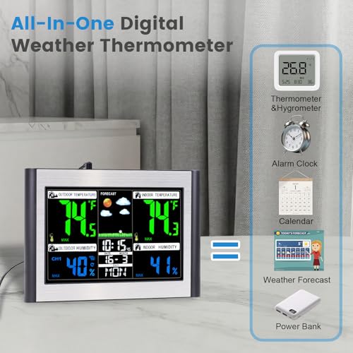 Weather Station Wireless Indoor Outdoor Thermometer, Alarm Clock - color: Black&Silver