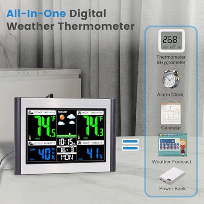 Weather Station Wireless Indoor Outdoor Thermometer, Alarm Clock - color: Black&Silver