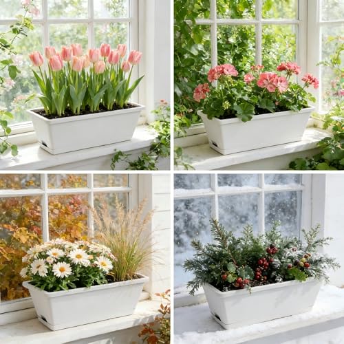 8pcs Rectangle Window Boxes Planters, 17 Inches Long Window Sill Planter Box Outdoor, Plastic Rectangular Window Flower Herb Pots Indoor with Drainage Holes and Trays for Garden Windowsill Light Grey - color: Light Grey
