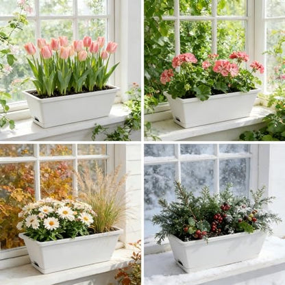 8pcs Rectangle Window Boxes Planters, 17 Inches Long Window Sill Planter Box Outdoor, Plastic Rectangular Window Flower Herb Pots Indoor with Drainage Holes and Trays for Garden Windowsill Light Grey - color: Light Grey