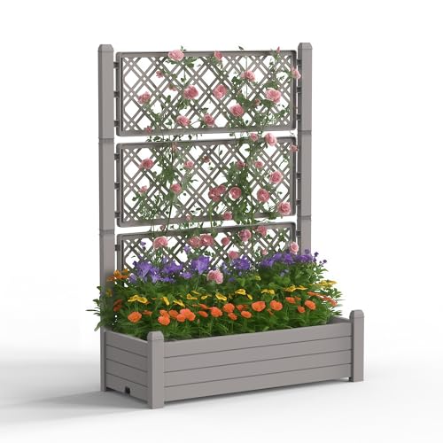 PatioZen Raised Garden Bed with Trellis for Climbing Plants, 43.43" L x 18.27" W x 59.29" H Self Watering Planter Box with Drainage Holes for Outdoor Backyard Patio Balcony, Anti-Rust Resin (Grey) - color: Gray, size: 43.43"L x 18.27"W x 59.29"H