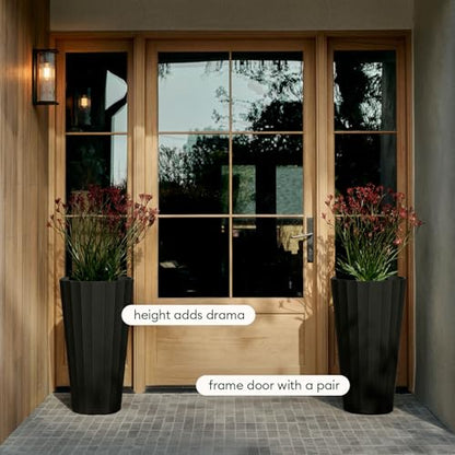 Veradek Column Series Tall Planter - Tapered Outdoor Planter with Shelf - color: Black, style: Wide Groove