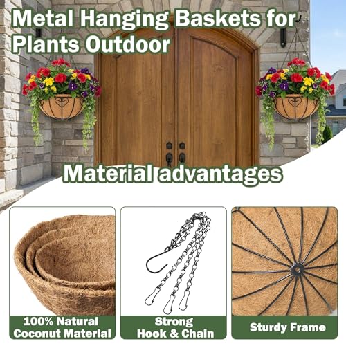 4 Pack 14 Inch Hanging Metal Planters for Outdoor Plants, Modern Black Solid Rectangular Hanging Baskets with Coco Coir Liner - size: 14 Inch, style: Modern