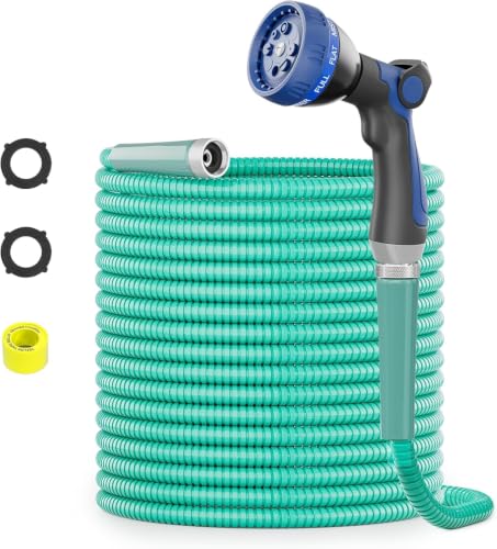 SPECILITE 50ft 304 Stainless Steel Metal Garden Hose(Aqua) with Blue Nozzle - color: Aqua, size: 50 ft