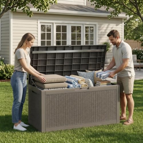 ROJIK 160 Gallon Deck Box, Lockable Waterproof Resin Storage Box Grey - color: Grey, size: 160 Gallon