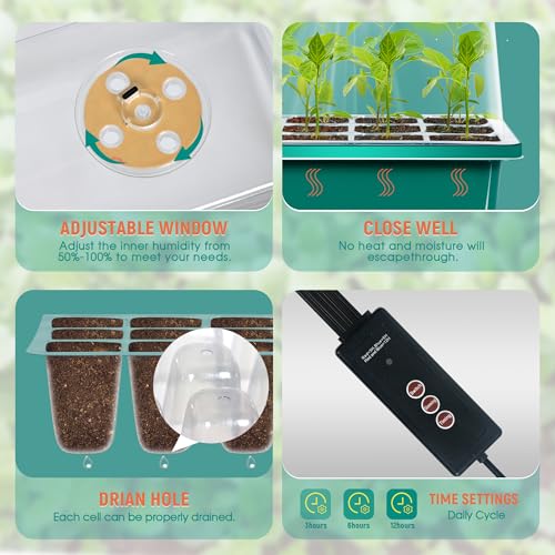 6-Set Seed Starter Tray with Grow Light, Seed Starting Trays Kits with Timing Controller Adjustable Humidity Domes Heightened Lids(12-Cells Per Tray) - color: Green 6-set