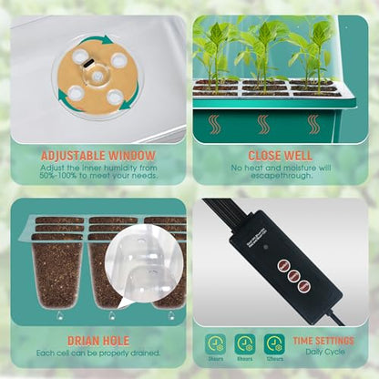 6-Set Seed Starter Tray with Grow Light, Seed Starting Trays Kits with Timing Controller Adjustable Humidity Domes Heightened Lids(12-Cells Per Tray) - color: Green 6-set