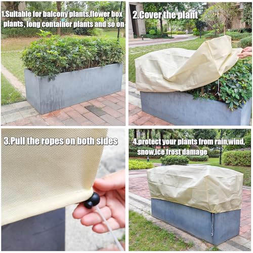 Plant Freeze Protection Cover,2Pack Rectangular Planter Frost Pot Cover,Frost Blankets with Drawstring for Garden Outdoor Balcony Windowsill and Raised Beds(3.2 * 1.6 * 1.6ft, Beige)
