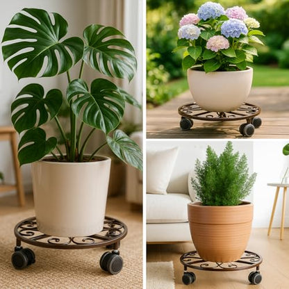 Planterhoma 3 Pack Plant Caddy with Wheels & Saucers, 11.8" Heavy Duty Metal Rolling Plant Stand, Plant Dolly with Lockable Casters, Rustproof Iron Planter Mover for Indoor Outdoor, Bronze - color: Bronze