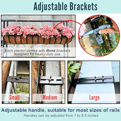 LaLaGreen Deck Railing Planters (48 Inch, 2 Pack) Extra Large Rectangular Railings Flower Box with Coco Liner, Black Metal Bracket Balcony Hanging Planter for Outdoor Plants Over Rail Fence Porch - size: 48" (122cm) x 2 pack
