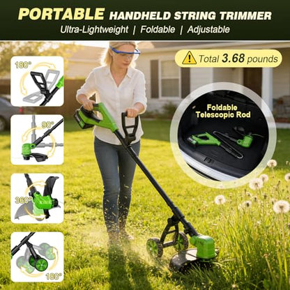 Cordless Weed Wacker with Wheels, 21V Battery Powered Weed Eater with 8 Spools & 2 Batteries, Lightweight Lawn Mower & Adjustable Grass Cutter Tools for Yard, Lawn Care