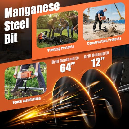 Baotree 72cc Gas Powered Post Hole Digger Earth Auger, 6" & 8" Bits, 2 Rods