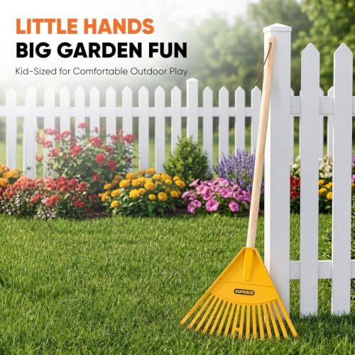 Superio Kids Leaf Rake, 34-Inch Lawn & Garden Rake with Hardwood Handle and Durable Plastic Head, Leaf Cleanup Tool, Yellow 2 Pack - color: Yellow