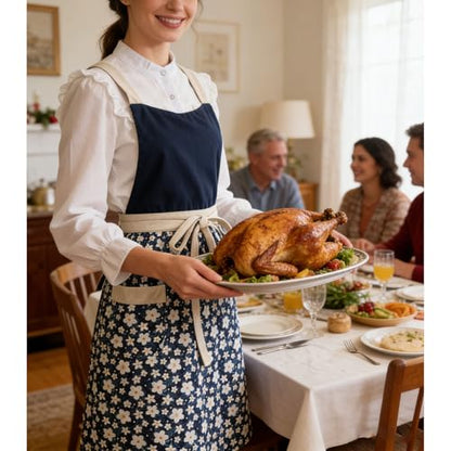 Pinafore Apron Dress for Women with Pockets Adjustable Floral Kitchen Apron - color: Navy