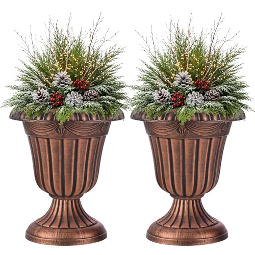 Outdoor Planter 2-Pack - 16x18-Inch Urn Planters for Front Porch Decor, Indoors, Patio or Entryway - Plastic Plant Pots - Large Decorative Flower Pots by Pure Garden (Rustic Bronze) - color: Rustic Bronze