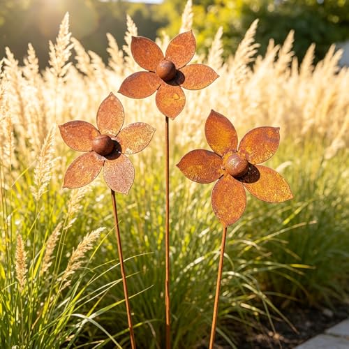 Rustic Metal Coneflower Garden Stakes, Set of 3 Rusted Iron Daisy Yard Art - color: Metallic