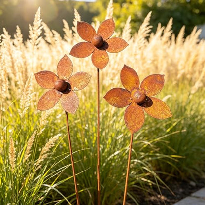 Rustic Metal Coneflower Garden Stakes, Set of 3 Rusted Iron Daisy Yard Art - color: Metallic
