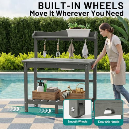 PLUUV Potting Bench with Removeable Sink, Garden Potting Table, Light Grey - color: Light Grey