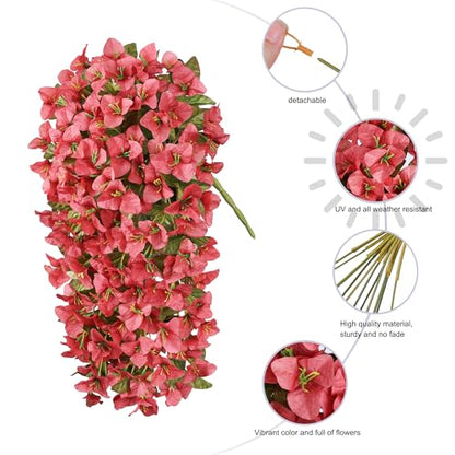 2 PCS Bougainvillea Artificial Hanging Flowers Plants for Outdoors, Red - color: Red B