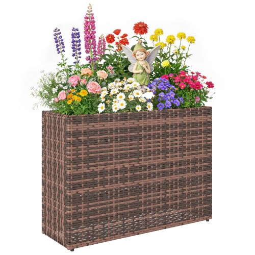 Outsunny Tall Rectangular Planter with Removable Liner PE Wicker Brown - color: Brown