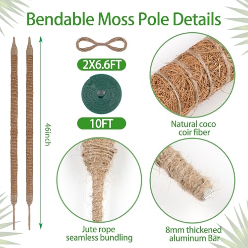 Bendable Moss Pole, 2 Pack 46'' Monstera Plant Support, Large Moss Pole for Indoor Potted Plants