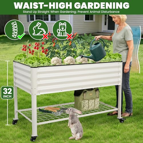 G GOOD GAIN Elevated Raised Garden Bed Kit with Wheels, Rack,2x4ft, White - size: 2' x 4', style: White with Legs, Wheels, and Storage Rack