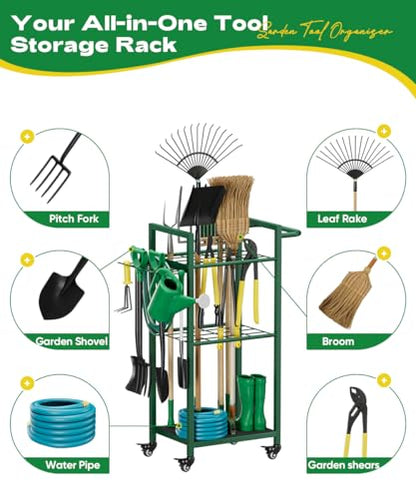 Garden Tool Organizer with Wheels, Green - color: green