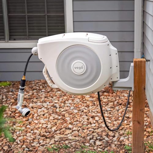 Vego Garden Hose Reel Retractable Hi-Flow Wall Mounted Hose Reel Automatic Rewind, Any Length Lock with 9 Patterns Sprayer Nozzle, Quick Connector and Adjustable shot Nozzle (Cloud White, 82ft) - color: Cloud White, size: 82ft