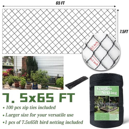 7.5 x 65 FT Bird Netting,1/2" Mesh Garden Netting,100PCS Zip Ties - size: 7.5 x 65 FT
