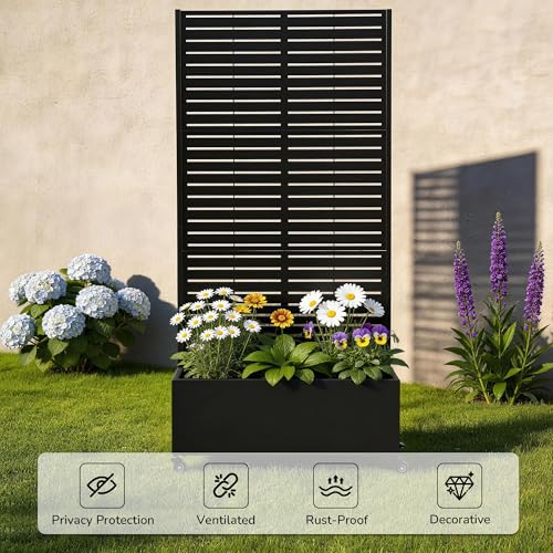 Pia Ricco Planter Box with Trellis, Privacy Planter for Climbing Plants - color: Black-louvered, size: Medium